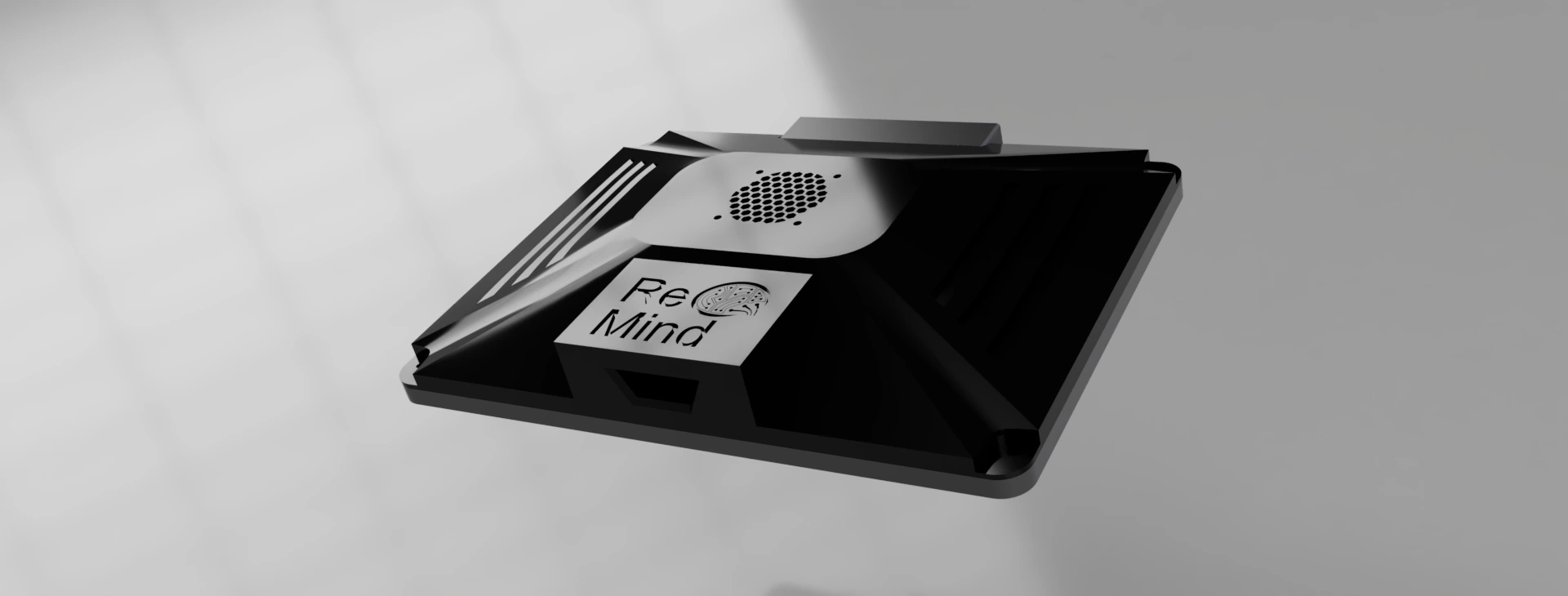 Angled render of the rear enclosure with ReMind branding and ventilation