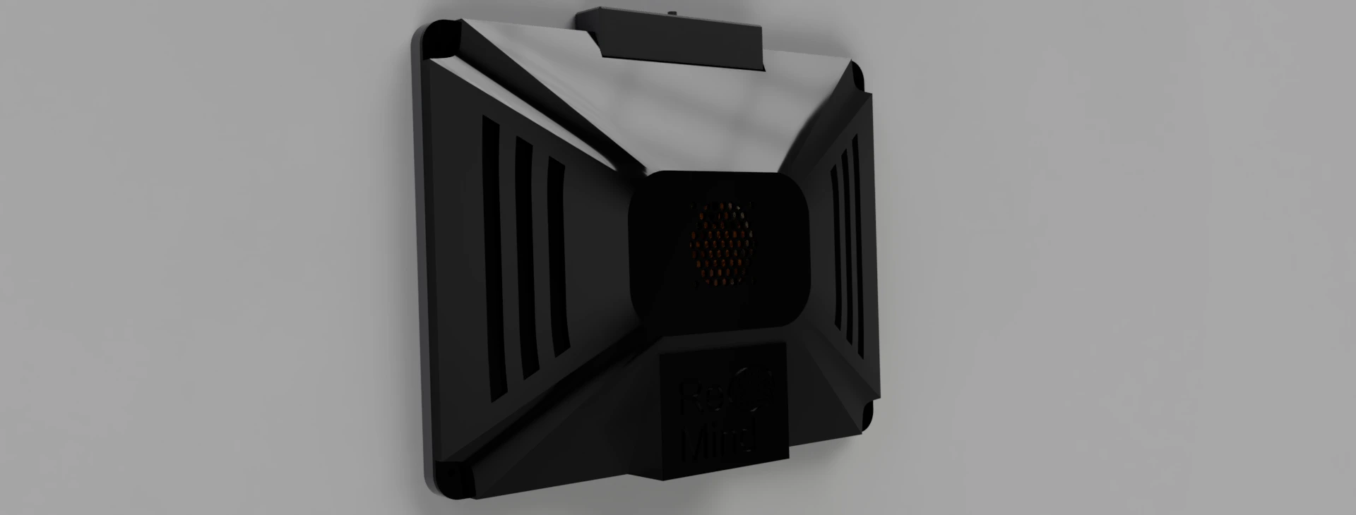Rear render of the Neglect Reminder device showing its cooling grille and enclosure