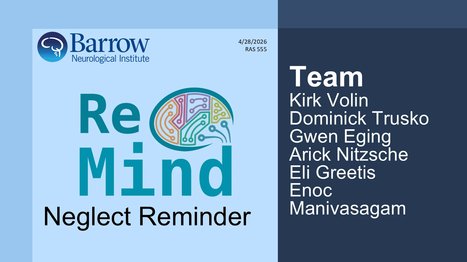 Cover with Barrow Neurological Institute and ReMind branding and the six team members