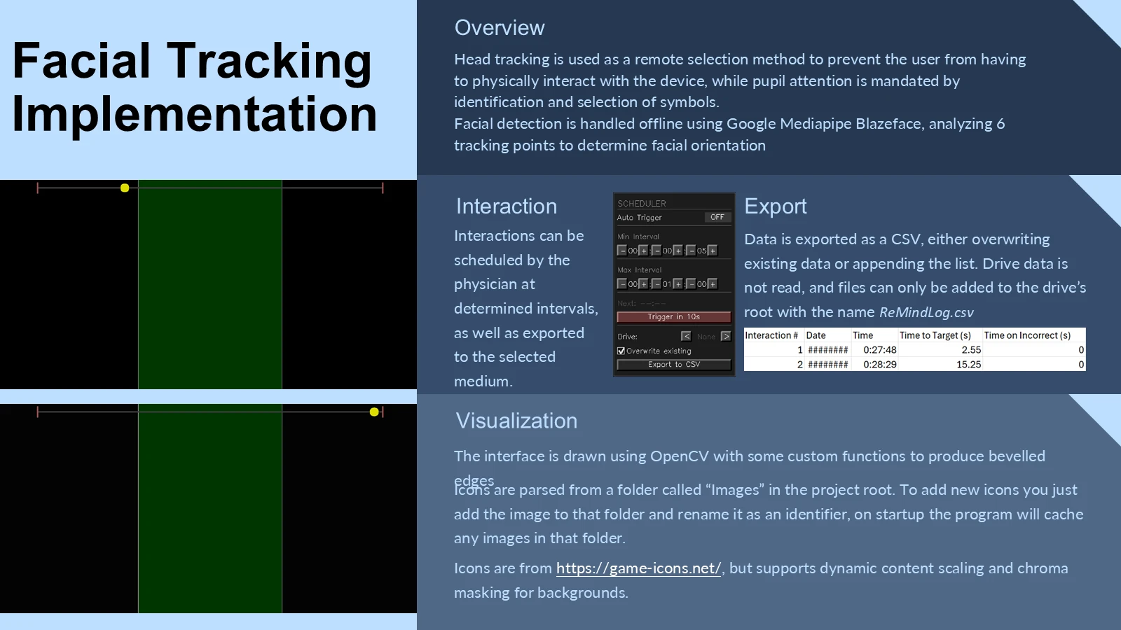 Facial tracking implementation with two animated interface demonstrations and a CSV example