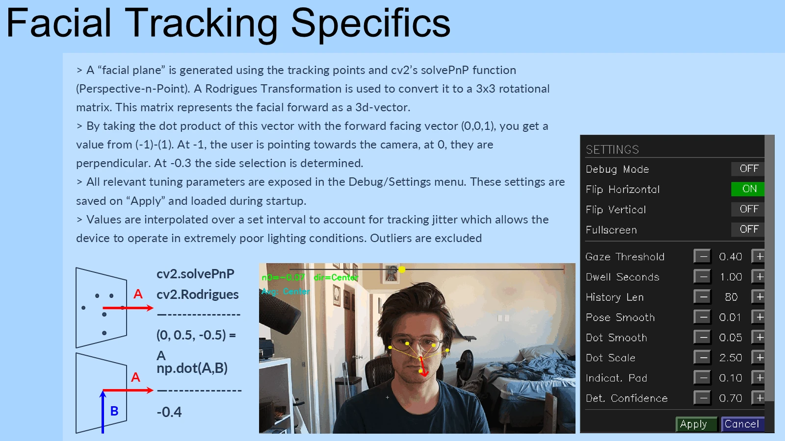 Facial pose estimation explanation with an animated tracking demonstration and settings interface