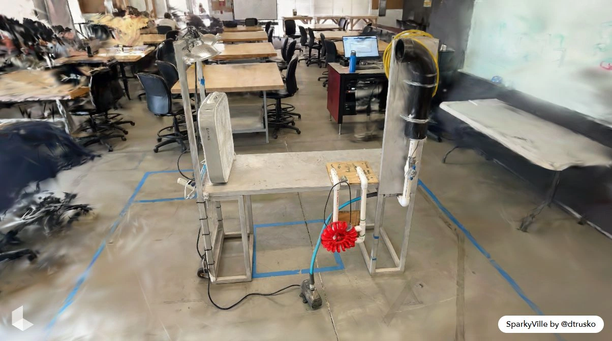 3D scan of the student power-generator testbench with its fan, water wheel, piping, and aluminum frame